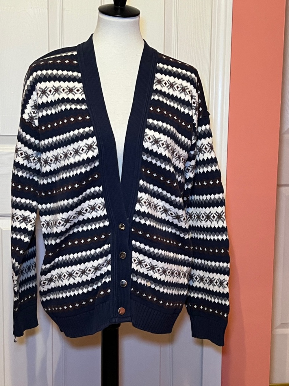 ChrisAnn Originals Women Fair Isle Knit Cardigan Sweater Navy White L V-Neck